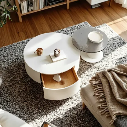 White Modern Round Sleek Drawer Coffee Table Image - 1