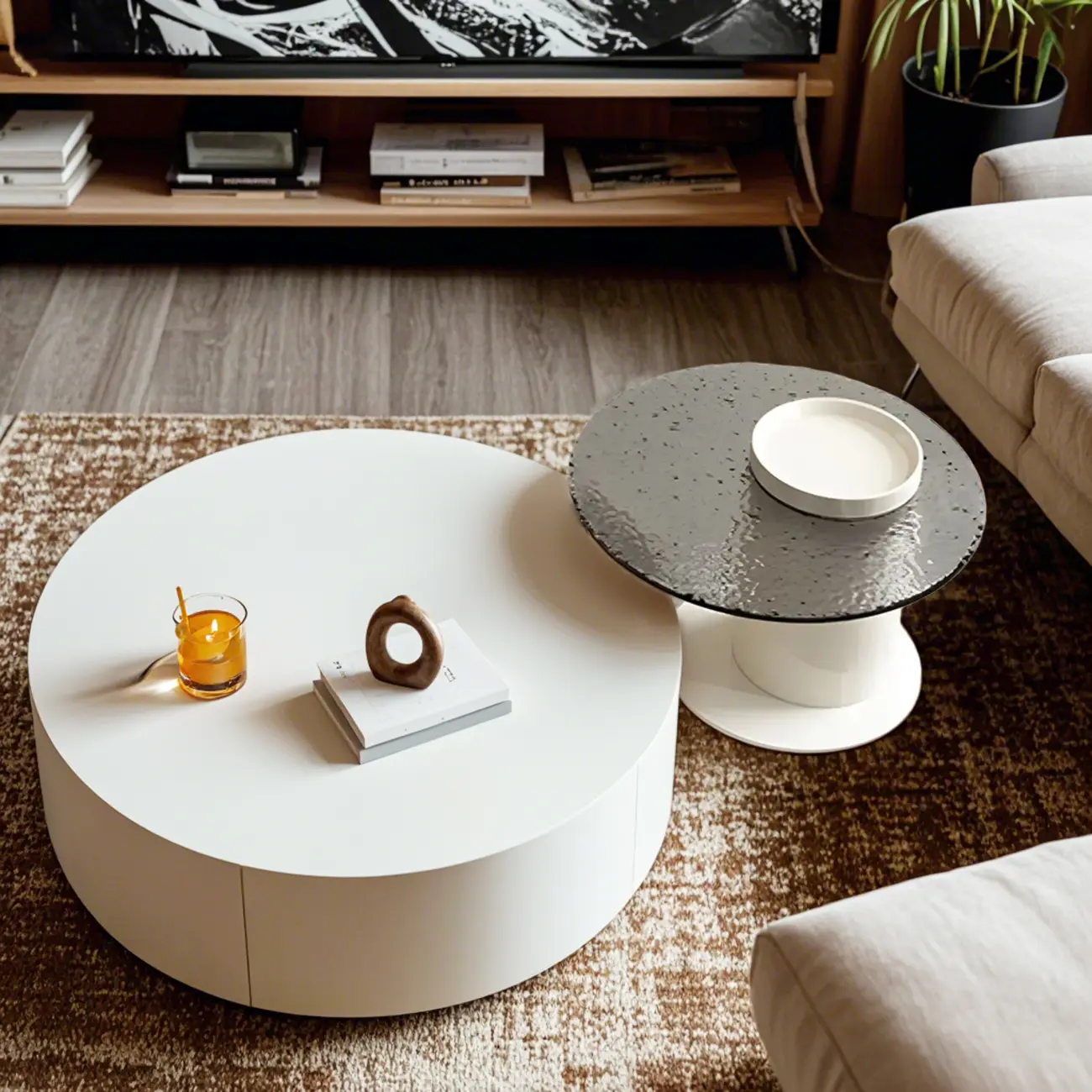 White Modern Round Sleek Drawer Coffee Table Image - 3 | homeyfad