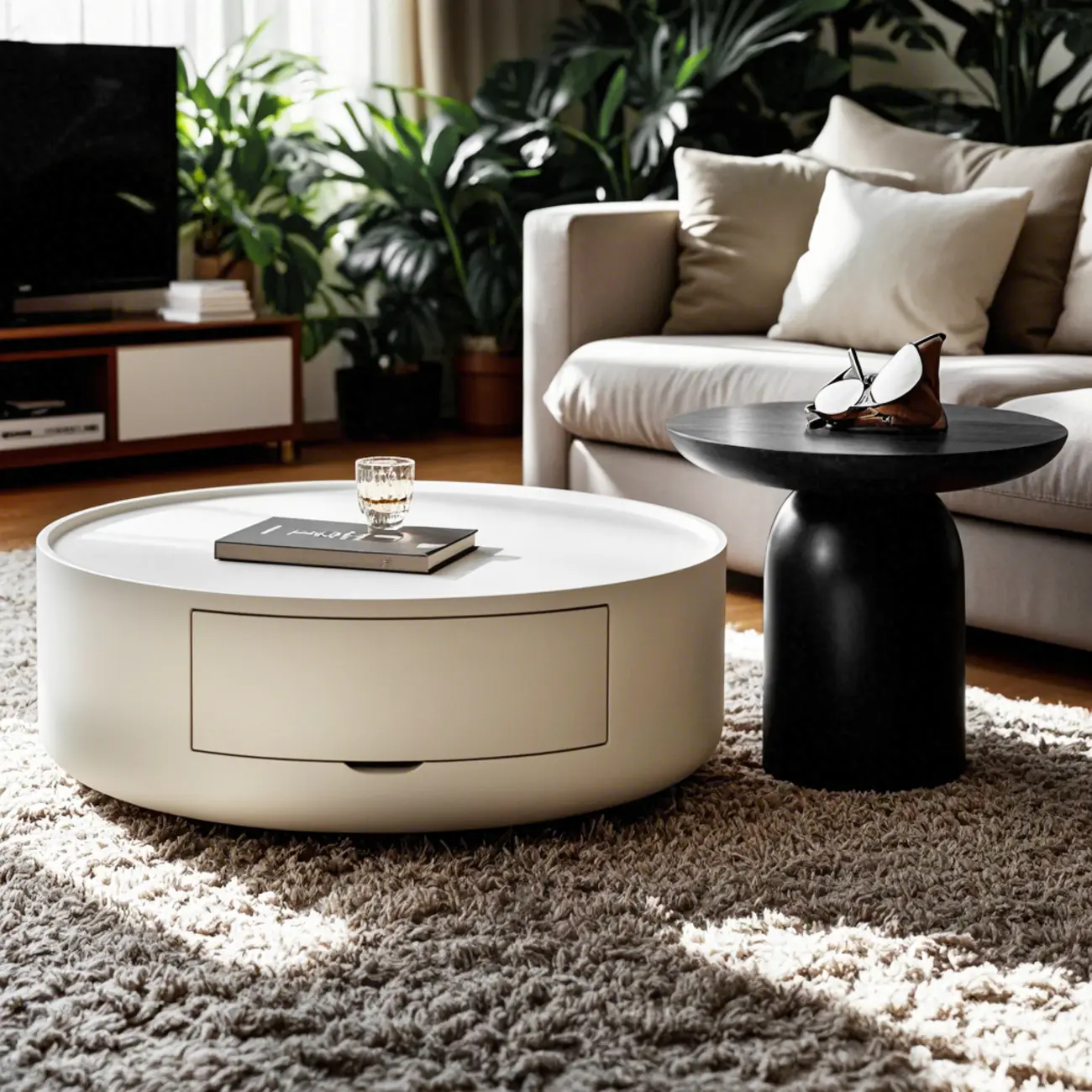 Modern Black White Wood Round Coffee Table with Storage Image - 2 | homeyfad