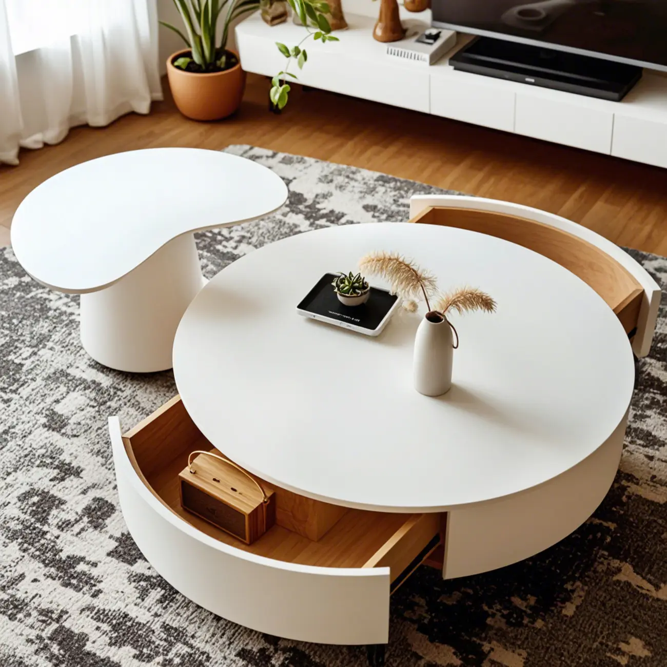Modern Wooden White Round Nesting Coffee Tables Image - 1 | homeyfad