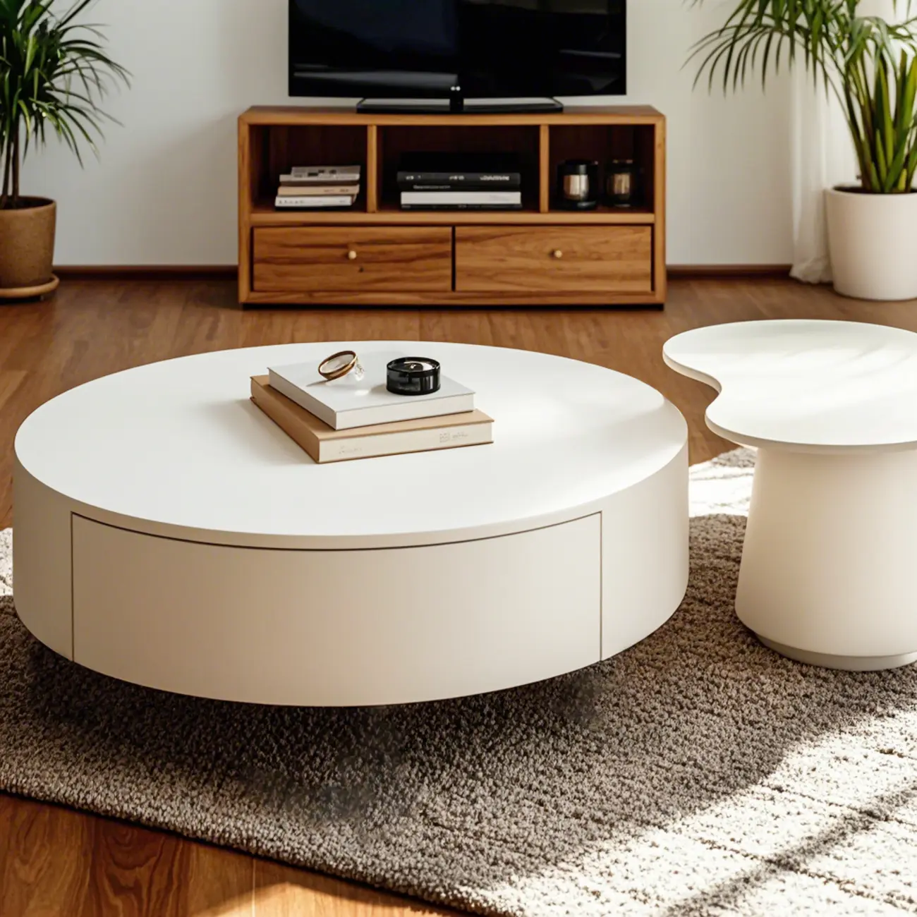 Modern Wooden White Round Nesting Coffee Tables Image - 3 | homeyfad