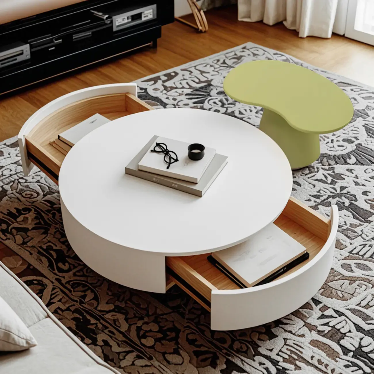 Modern Wooden White Round Nesting Coffee Tables Image - 2