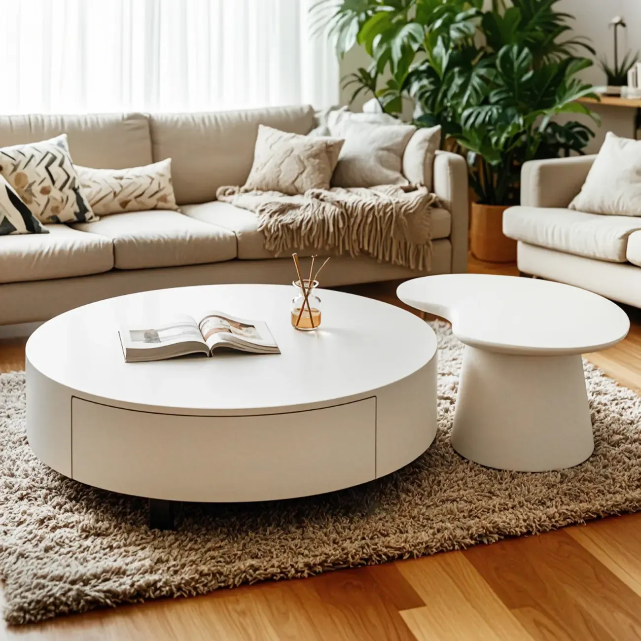 Pure White Round Modern Wood Drawer Coffee Table Image - 1