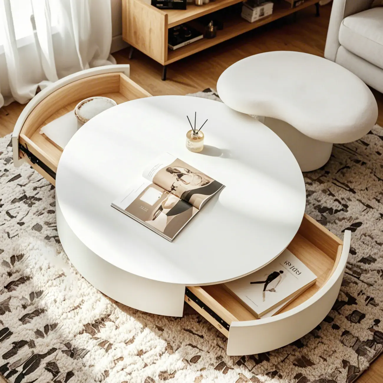 Pure White Round Modern Wood Drawer Coffee Table Image - 2 | homeyfad