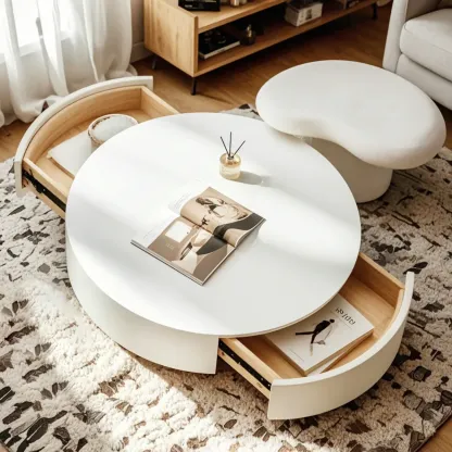 Pure White Round Modern Wood Drawer Coffee Table Image - 2