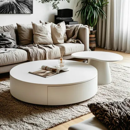 Pure White Round Modern Wood Drawer Coffee Table Image - 3