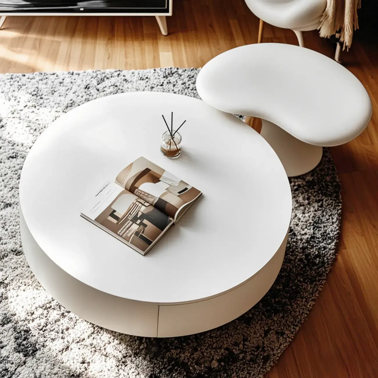 Pure White Round Modern Wood Drawer Coffee Table Image - 4