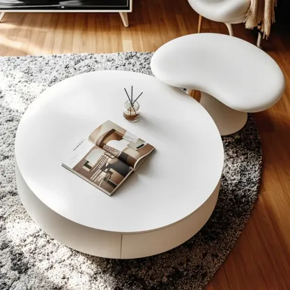 Pure White Round Modern Wood Drawer Coffee Table Image - 4