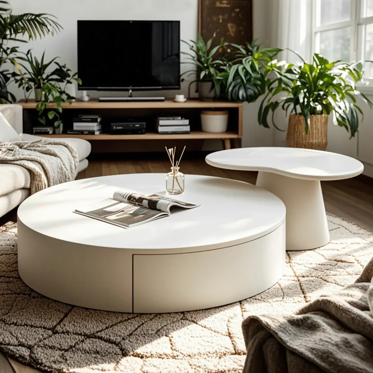Pure White Round Modern Wood Drawer Coffee Table Image - 10