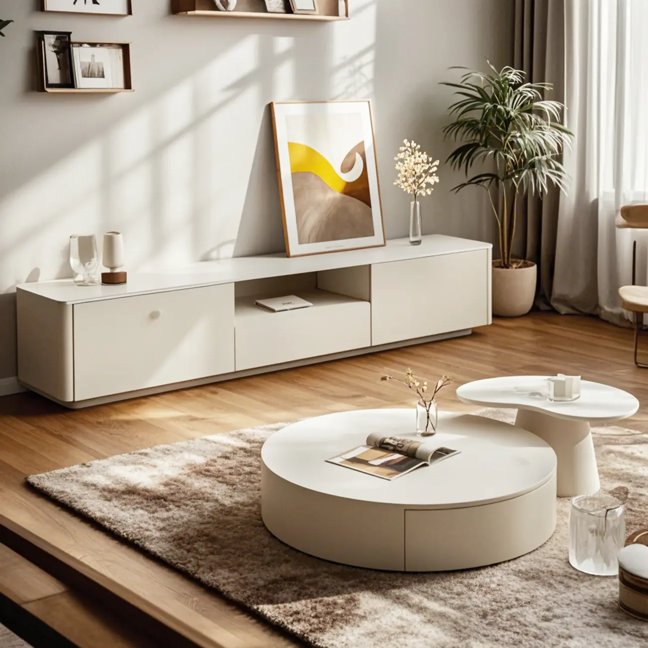 Pure White Round Modern Wood Drawer Coffee Table Image - 11 | homeyfad