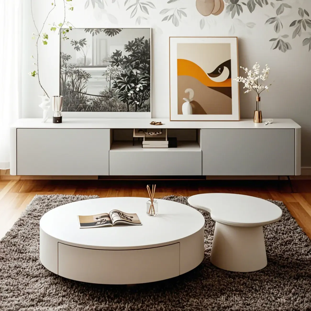 Pure White Round Modern Wood Drawer Coffee Table Image - 12