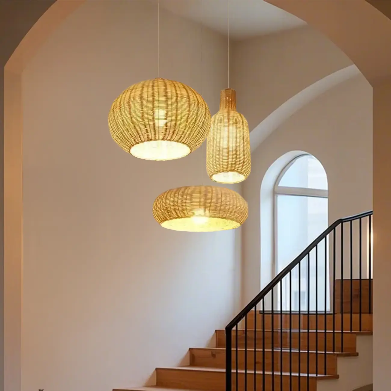 Wabi-Sabi Style Rattan Round Lantern Pendant Lamp for Living room Image - 2 | homeyfad