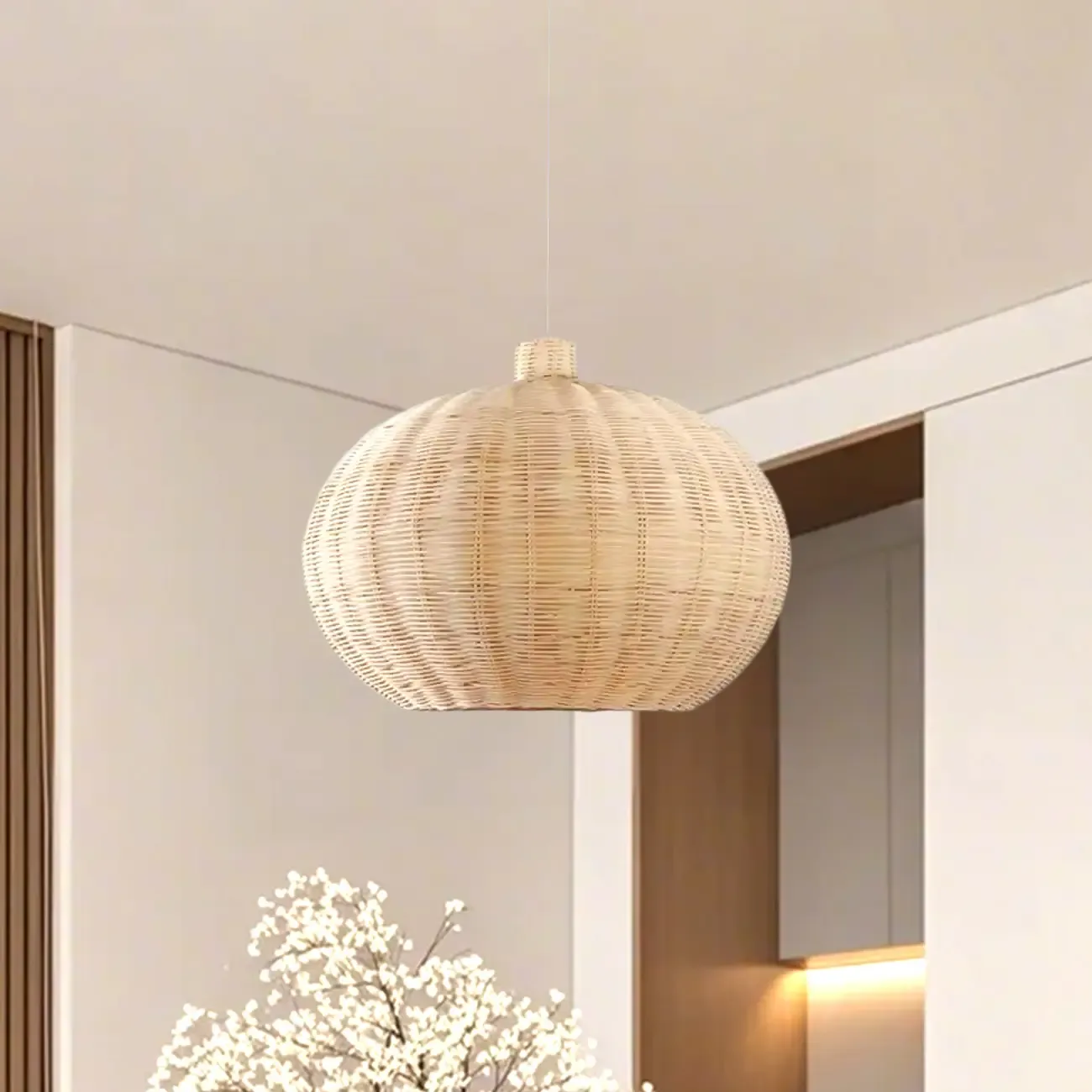 Wabi-Sabi Style Rattan Round Lantern Pendant Lamp for Living room Image - 12