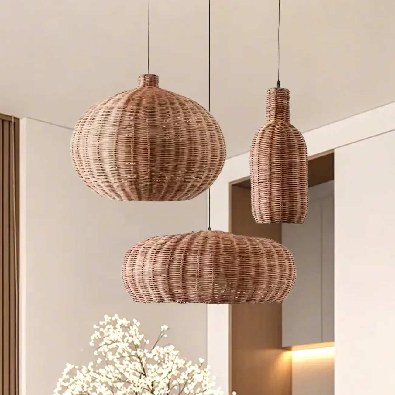 Wabi-Sabi Style Rattan Round Lantern Pendant Lamp for Living room Image - 15