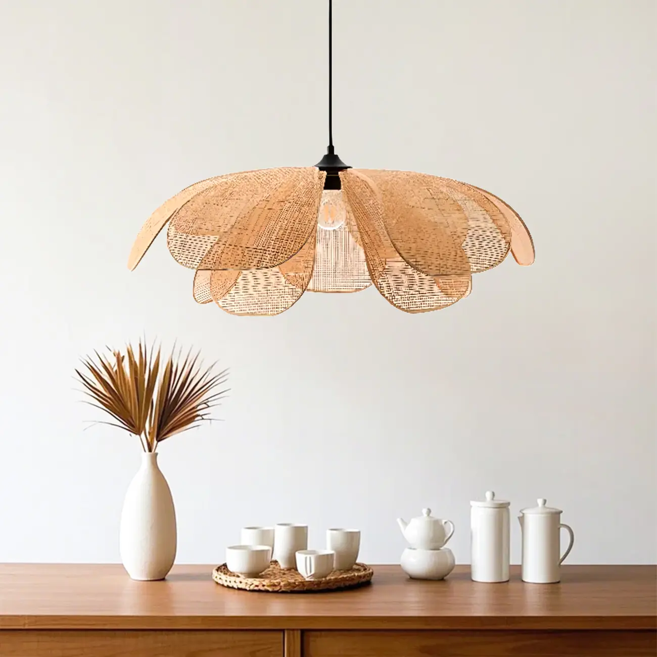 Designer handmade floral led pendant lamp with rattan petals for decor Image - 1 | homeyfad