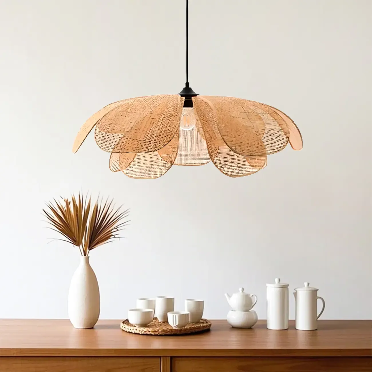 Designer handmade floral led pendant lamp with rattan petals for decor Image - 1