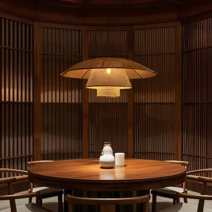 Designer handmade floral led pendant lamp with rattan petals for decor Image - 3