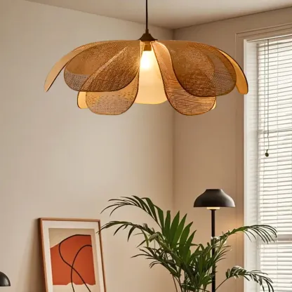 Designer handmade floral led pendant lamp with rattan petals for decor Image - 4