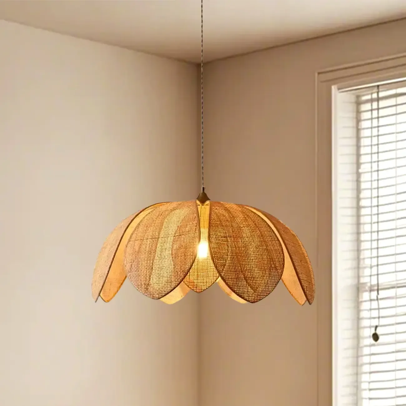 Designer handmade floral led pendant lamp with rattan petals for decor Image - 17