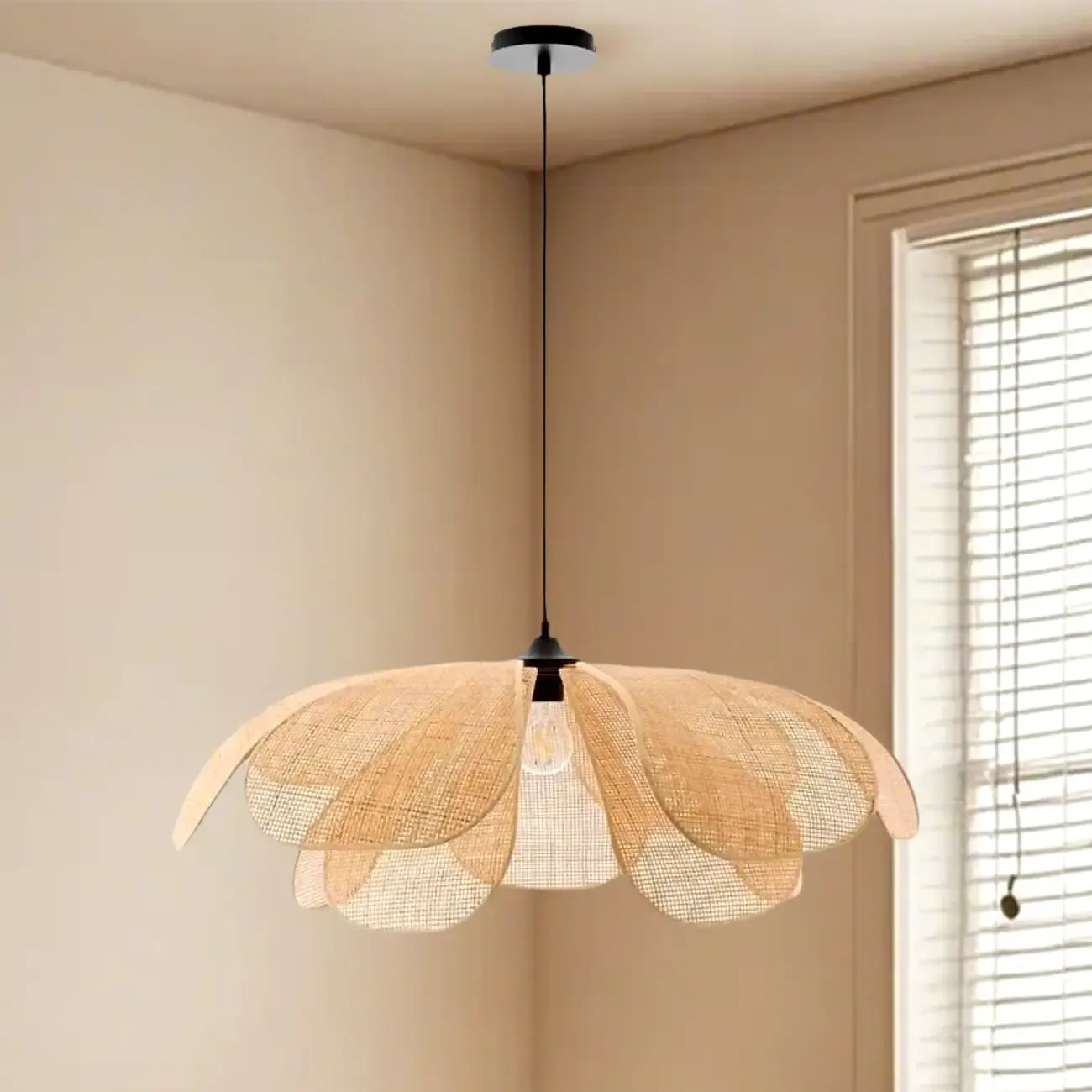 Designer handmade floral led pendant lamp with rattan petals for decor Image - 18