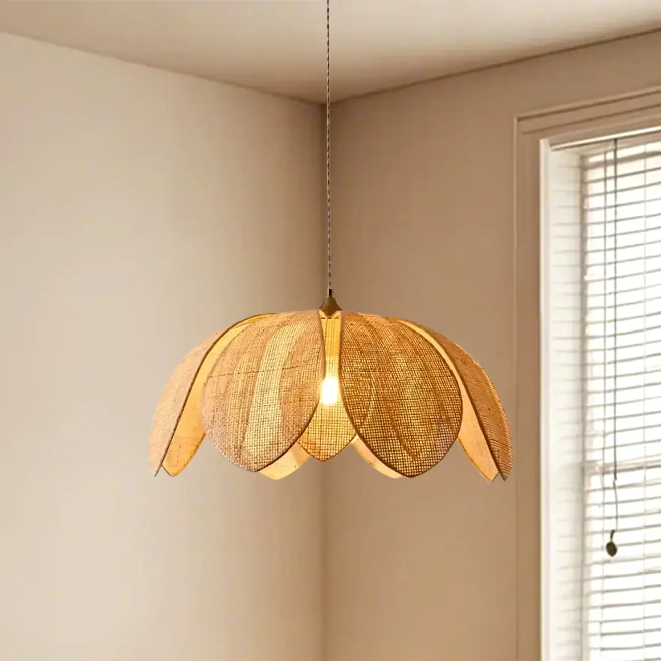 Designer handmade floral led pendant lamp with rattan petals for decor Image - 19