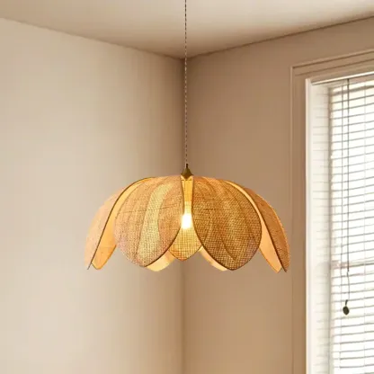 Designer handmade floral led pendant lamp with rattan petals for decor Image - 19