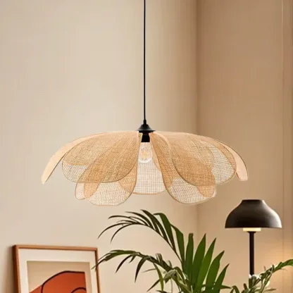 Designer handmade floral led pendant lamp with rattan petals for decor Image - 20