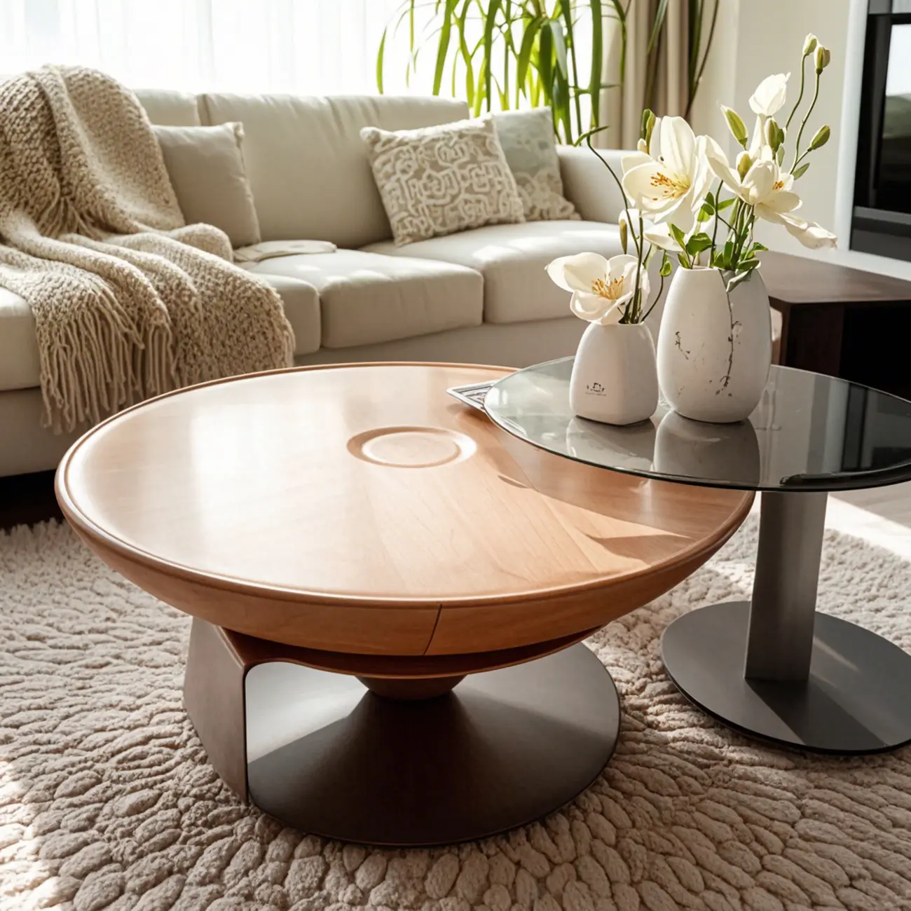 Nesting Brown Wood Round Black Steel Base Coffee Table Image - 2 | homeyfad