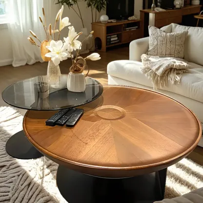 Nesting Brown Wood Round Black Steel Base Coffee Table Image - 1
