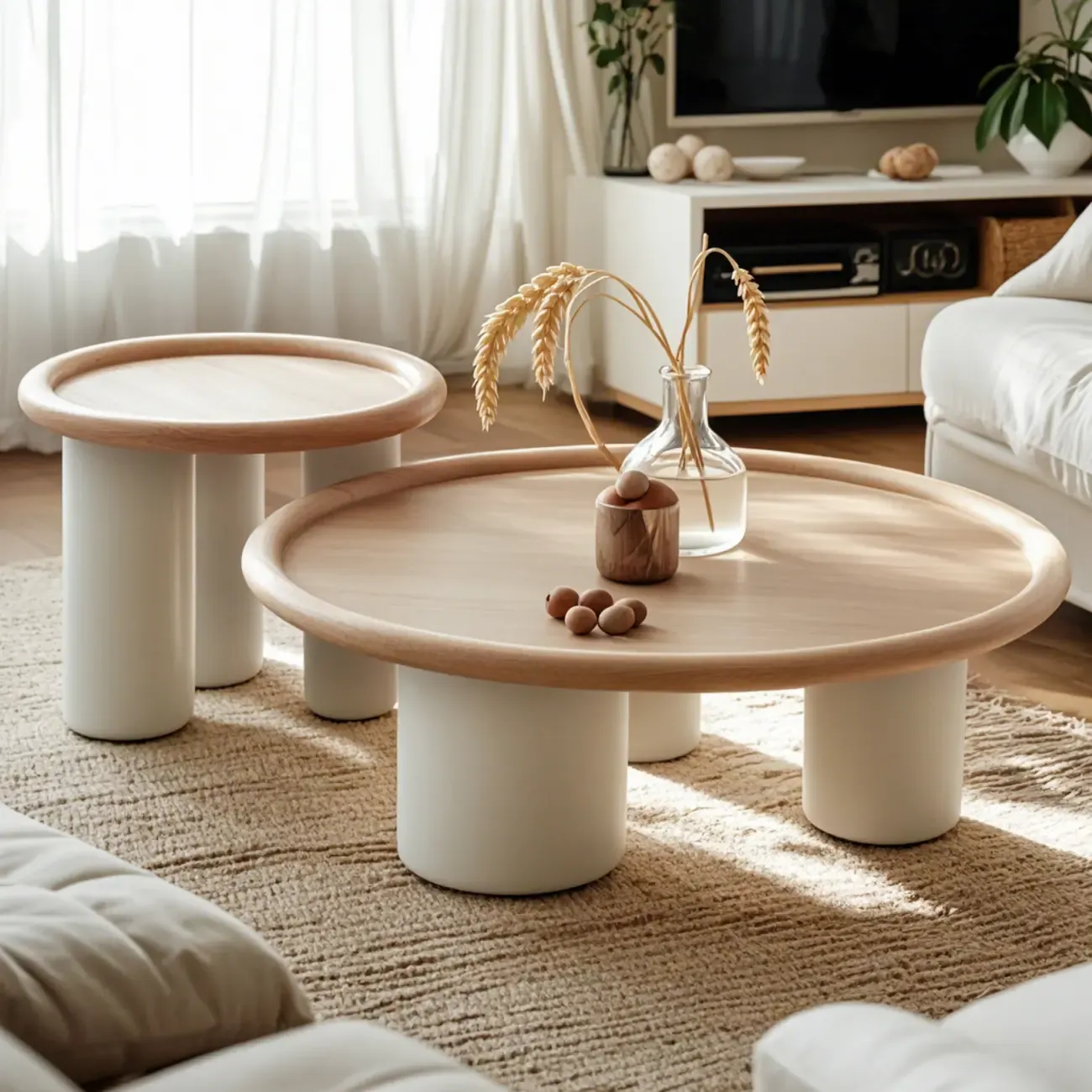 Round Natural Wood Tray Top Coffee Table with Three-Leg Base Image - 1