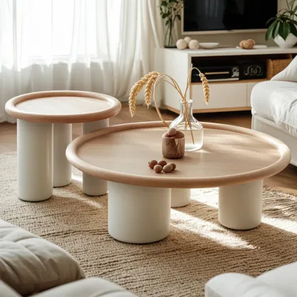 Round Natural Wood Tray Top Coffee Table with Three-Leg Base Image - 1