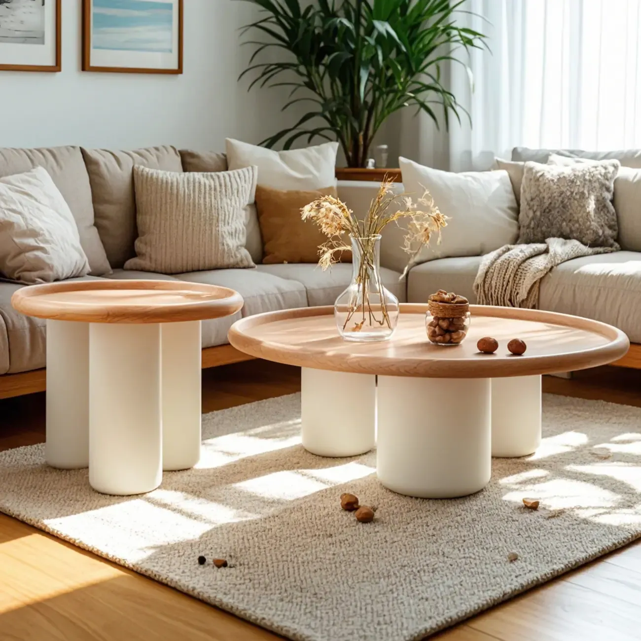 Round Natural Wood Tray Top Coffee Table with Three-Leg Base Image - 2
