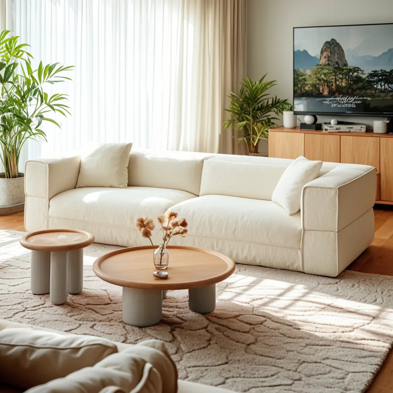 Round Natural Wood Tray Top Coffee Table with Three-Leg Base Image - 3 | homeyfad