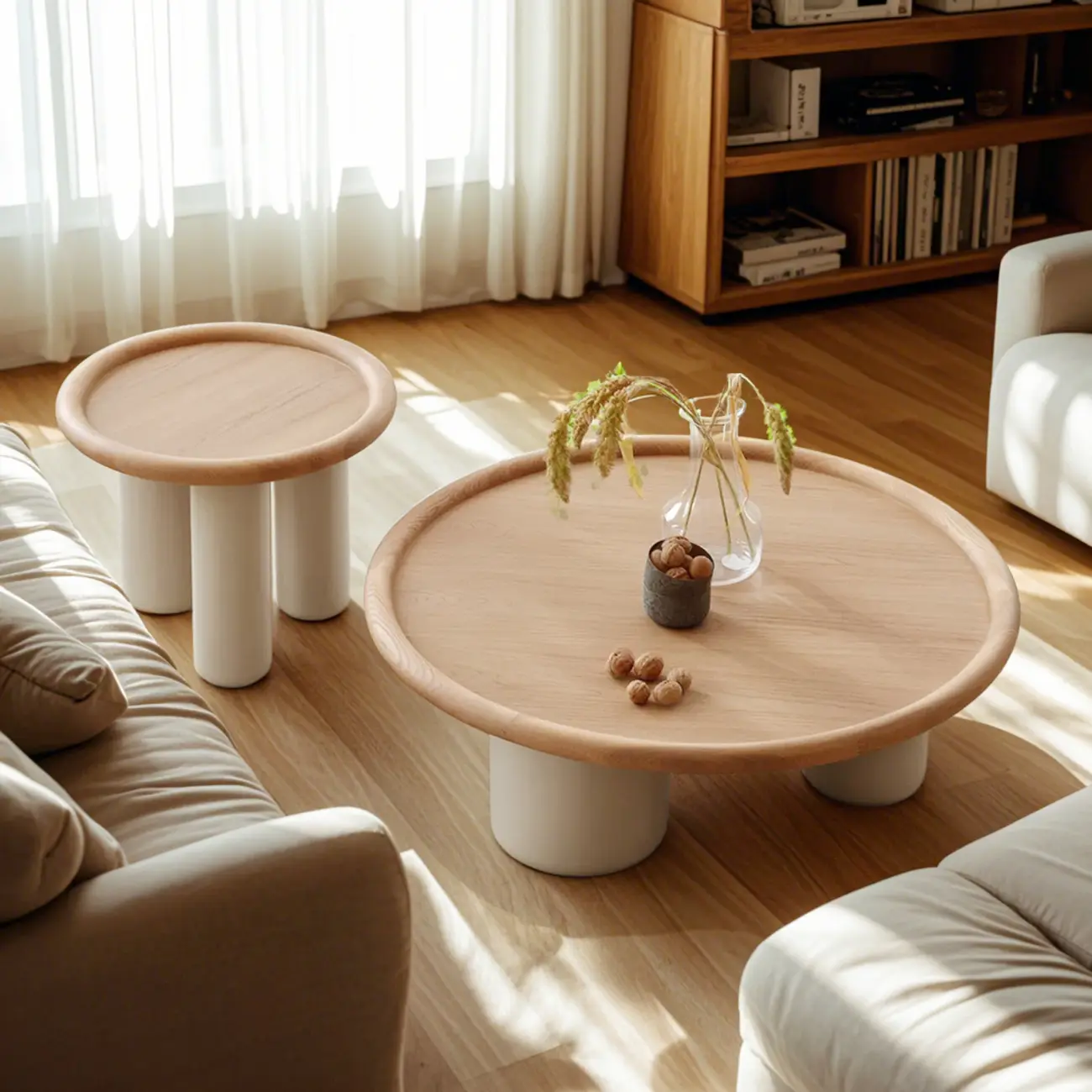 Round Natural Wood Tray Top Coffee Table with Three-Leg Base Image - 4 | homeyfad