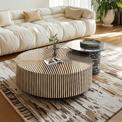 Black and White Stripe Wooden Round Coffee Drawer Table Image - 2