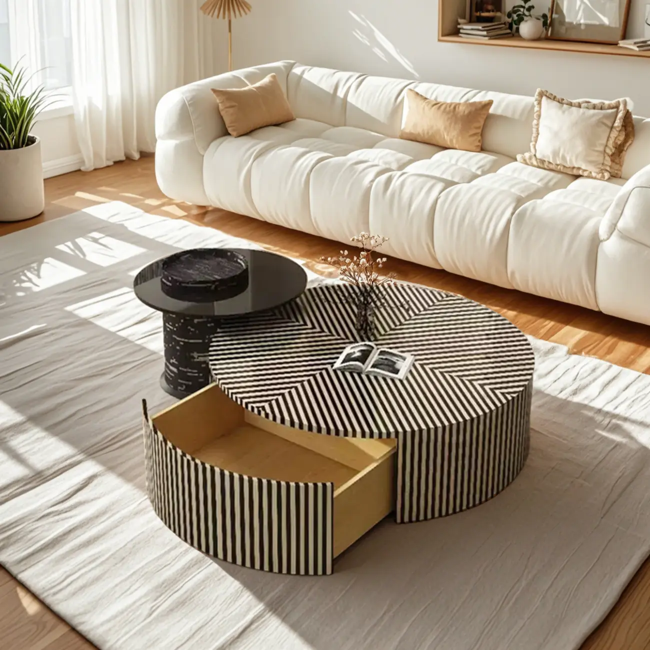 Black and White Stripe Wooden Round Coffee Drawer Table Image - 1 | homeyfad