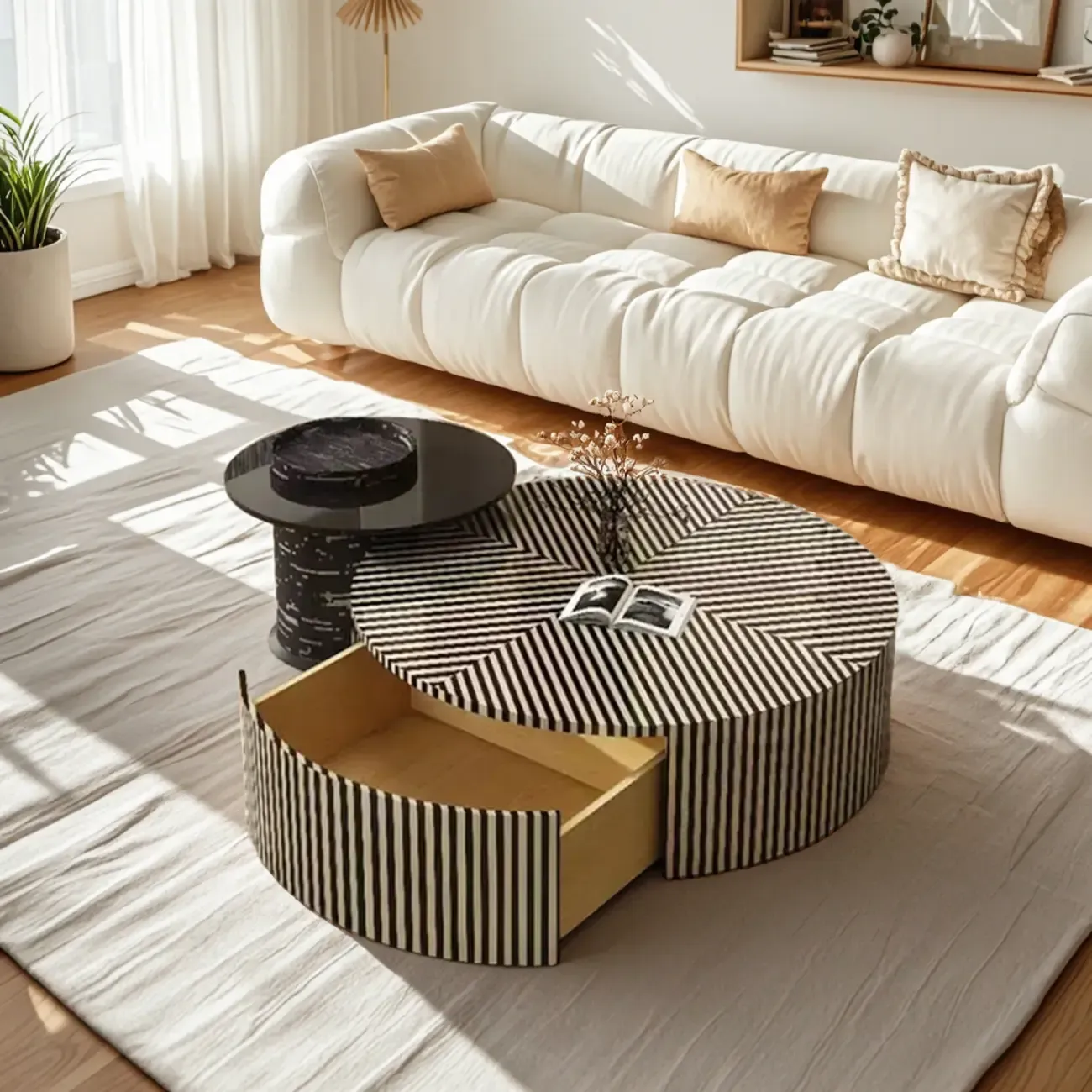 Black and White Stripe Wooden Round Coffee Drawer Table Image - 1