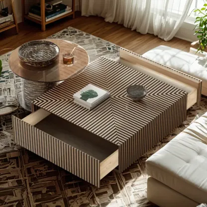 Black and White Stripe Wooden Round Coffee Drawer Table Image - 3
