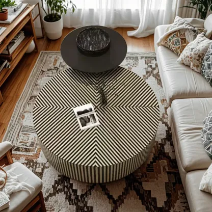 Black and White Stripe Wooden Round Coffee Drawer Table Image - 4