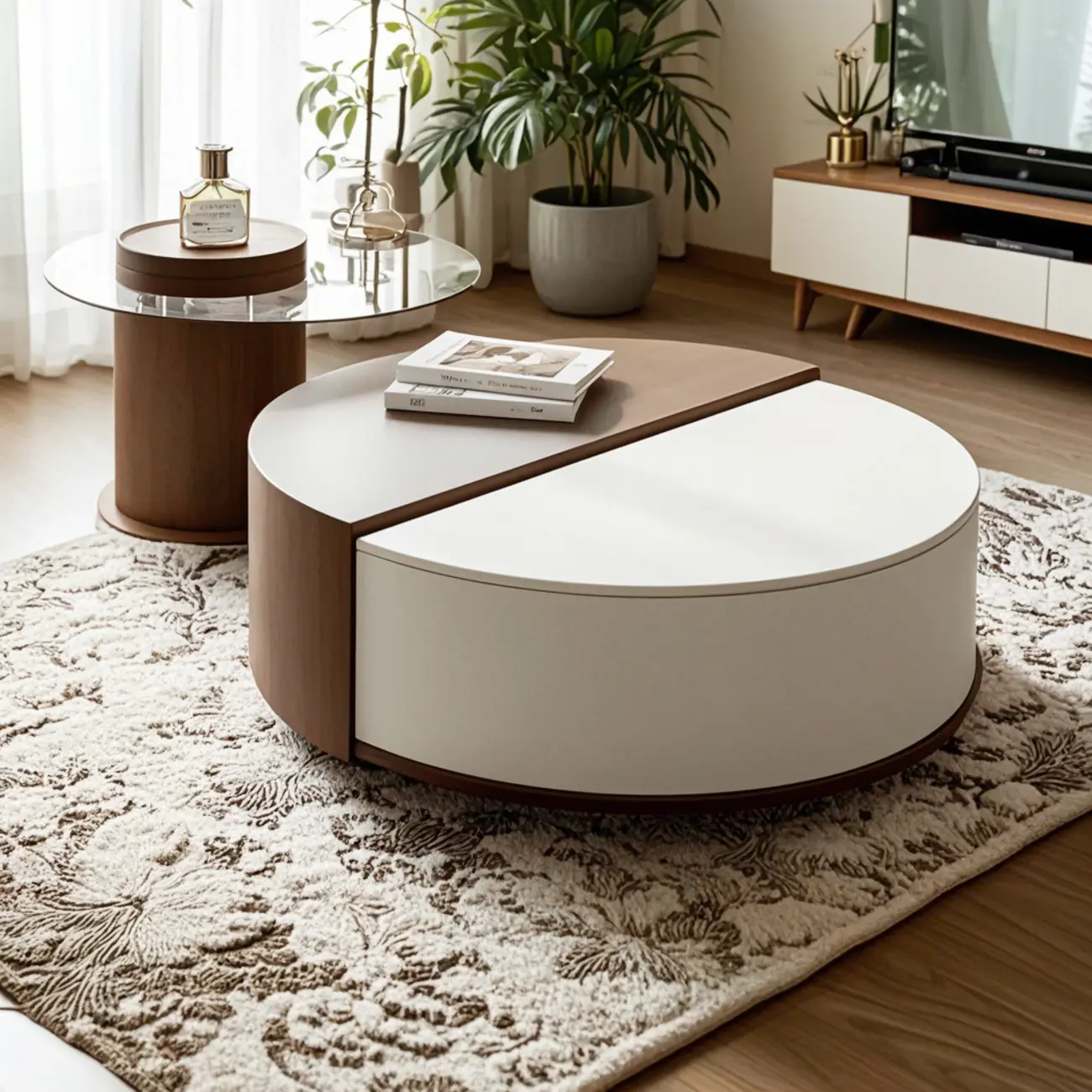 Stylish Round Brown Beige Coffee Table with Storage Image - 1 | homeyfad
