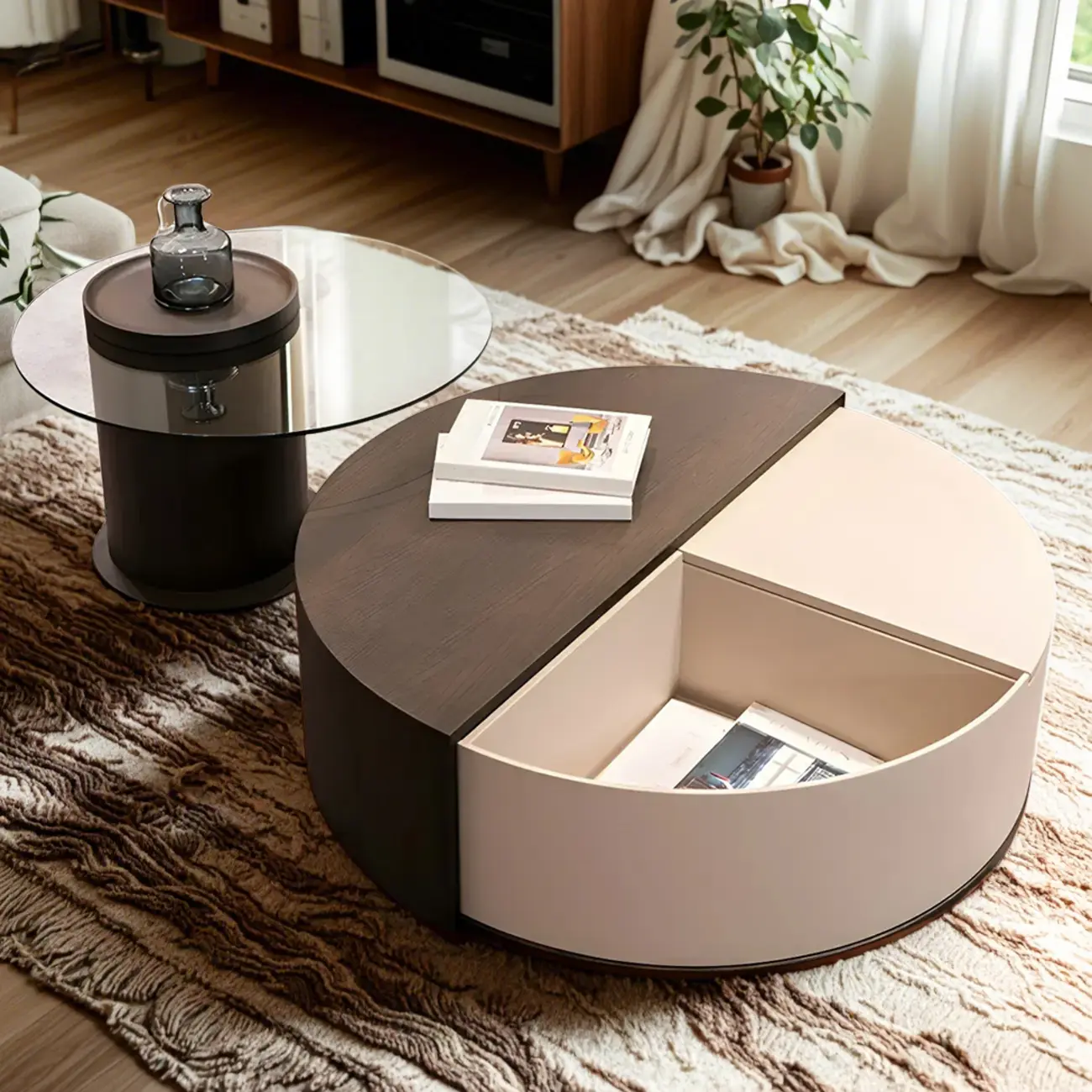 Stylish Round Brown Beige Coffee Table with Storage Image - 2 | homeyfad