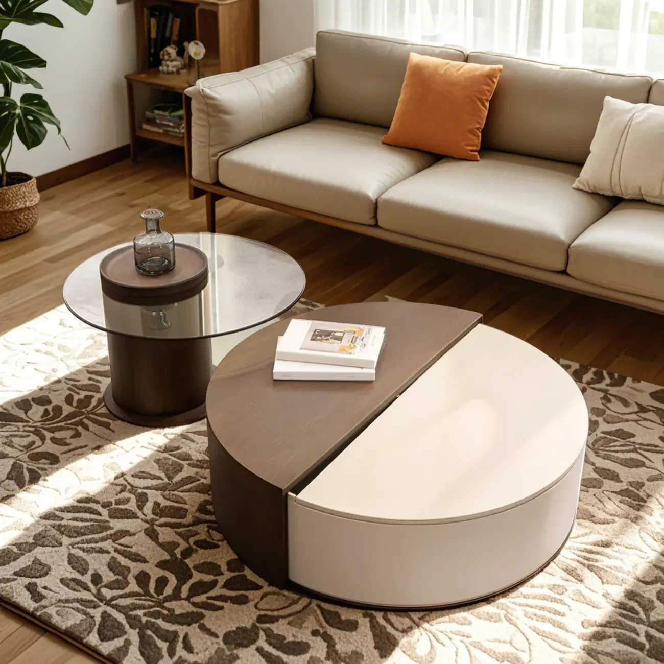 Stylish Round Brown Beige Coffee Table with Storage Image - 6 | homeyfad