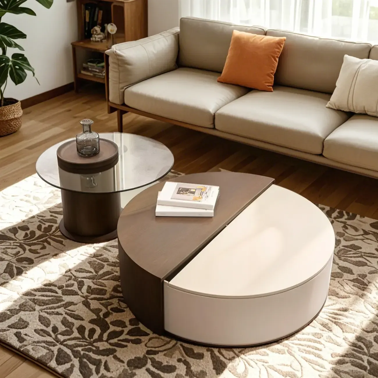 Stylish Round Brown Beige Coffee Table with Storage Image - 6