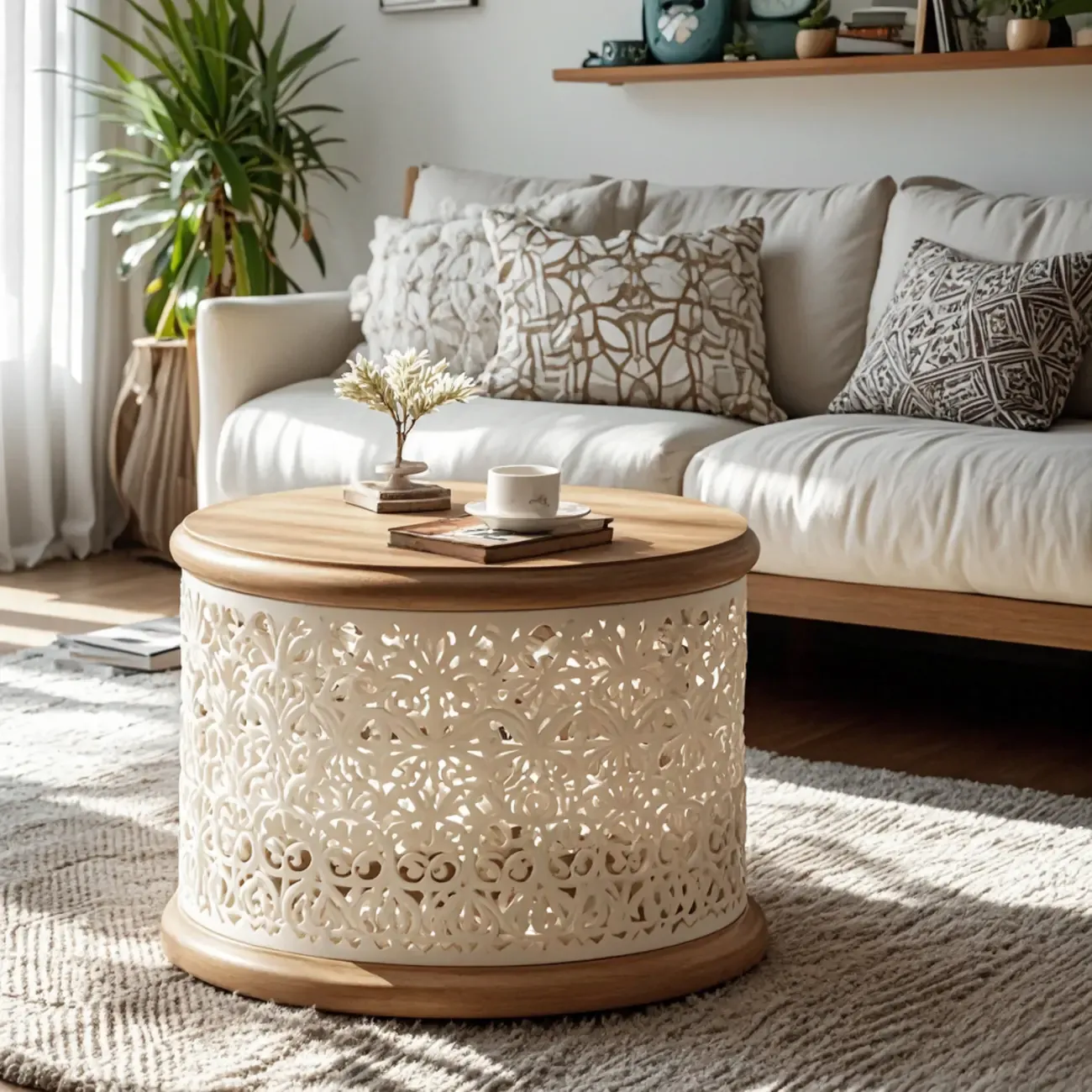 Natural Sophisticated Hollowed French Round Wood Coffee Table Image - 4