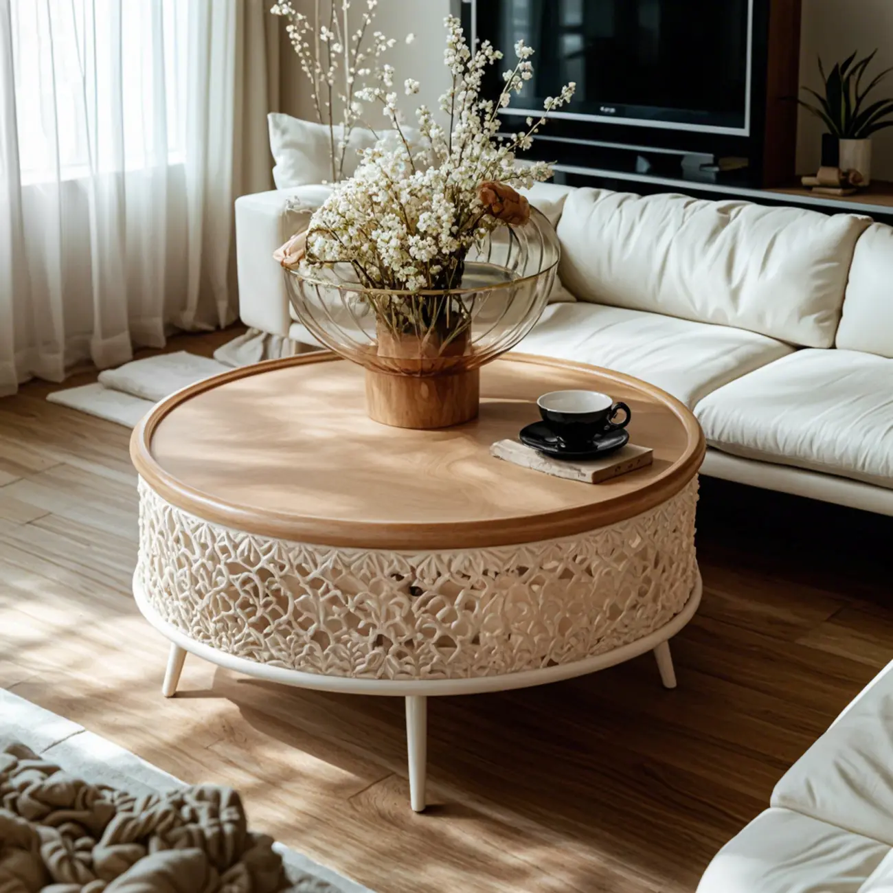 Natural Sophisticated Hollowed French Round Wood Coffee Table Image - 7 | homeyfad