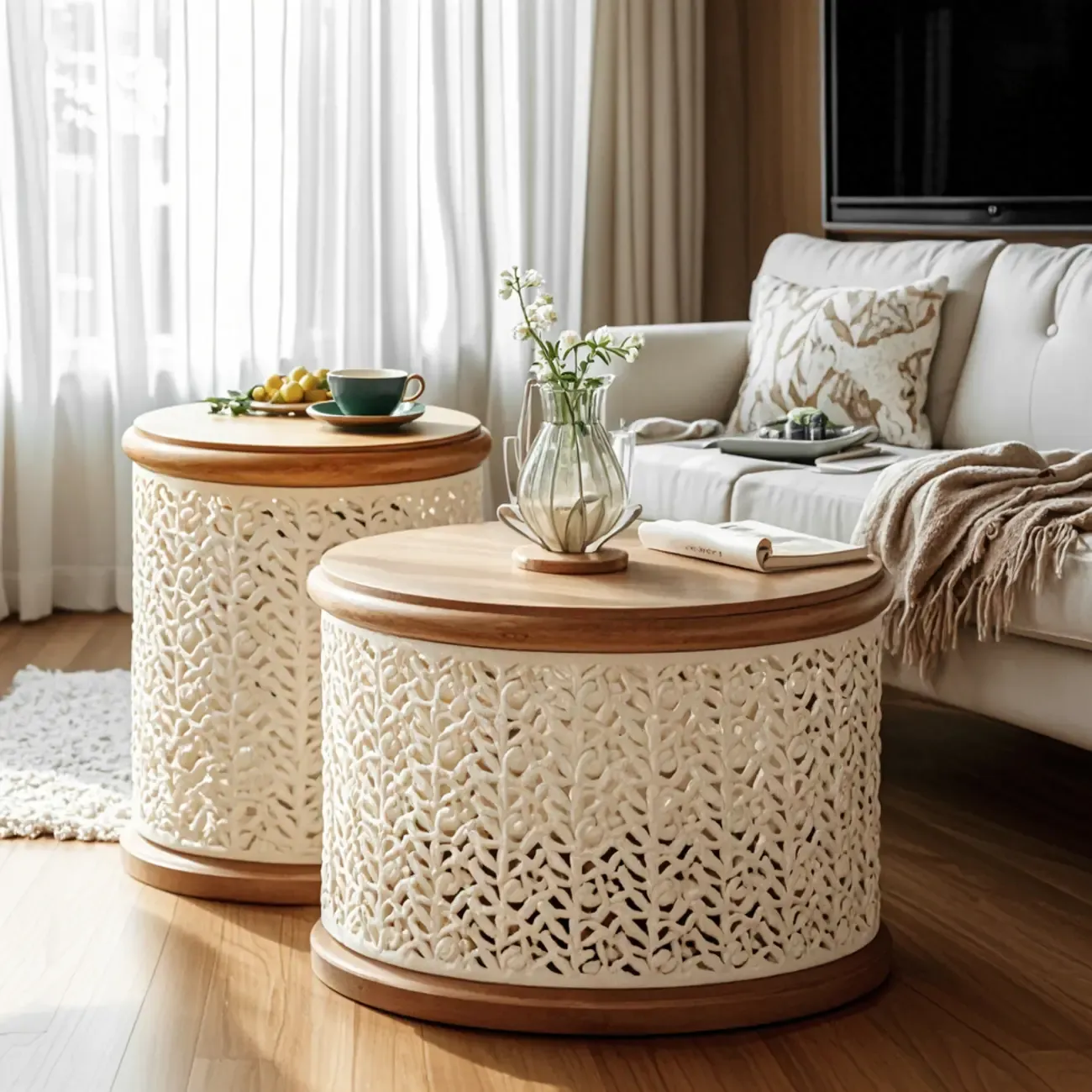 Natural Sophisticated Hollowed French Round Wood Coffee Table Image - 8