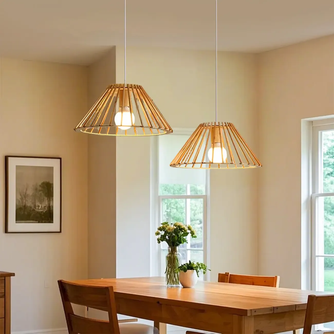 2 Light Natural Wood Polygonal Pendant Light for Kitchen Image - 1