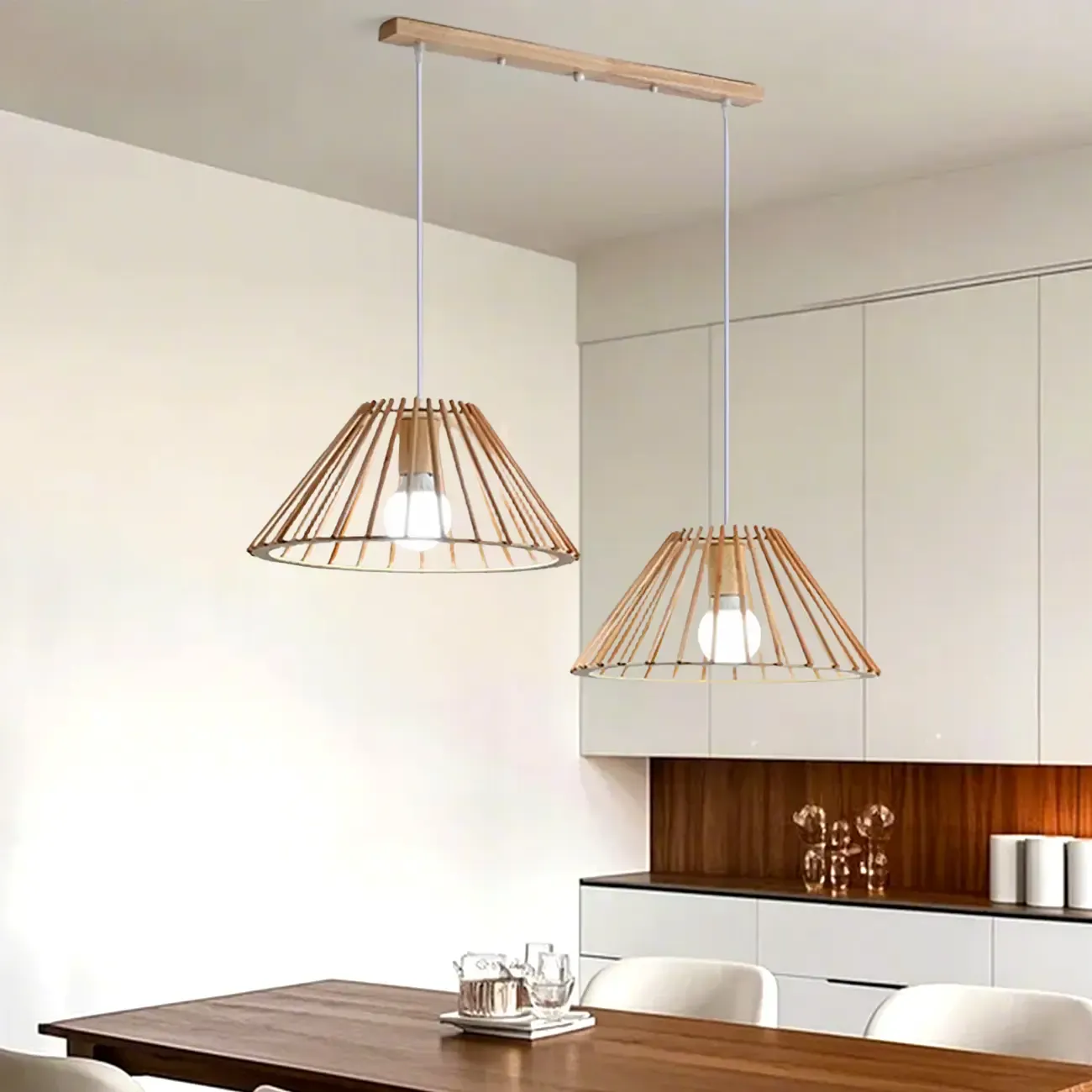 2 Light Natural Wood Polygonal Pendant Light for Kitchen Image - 10