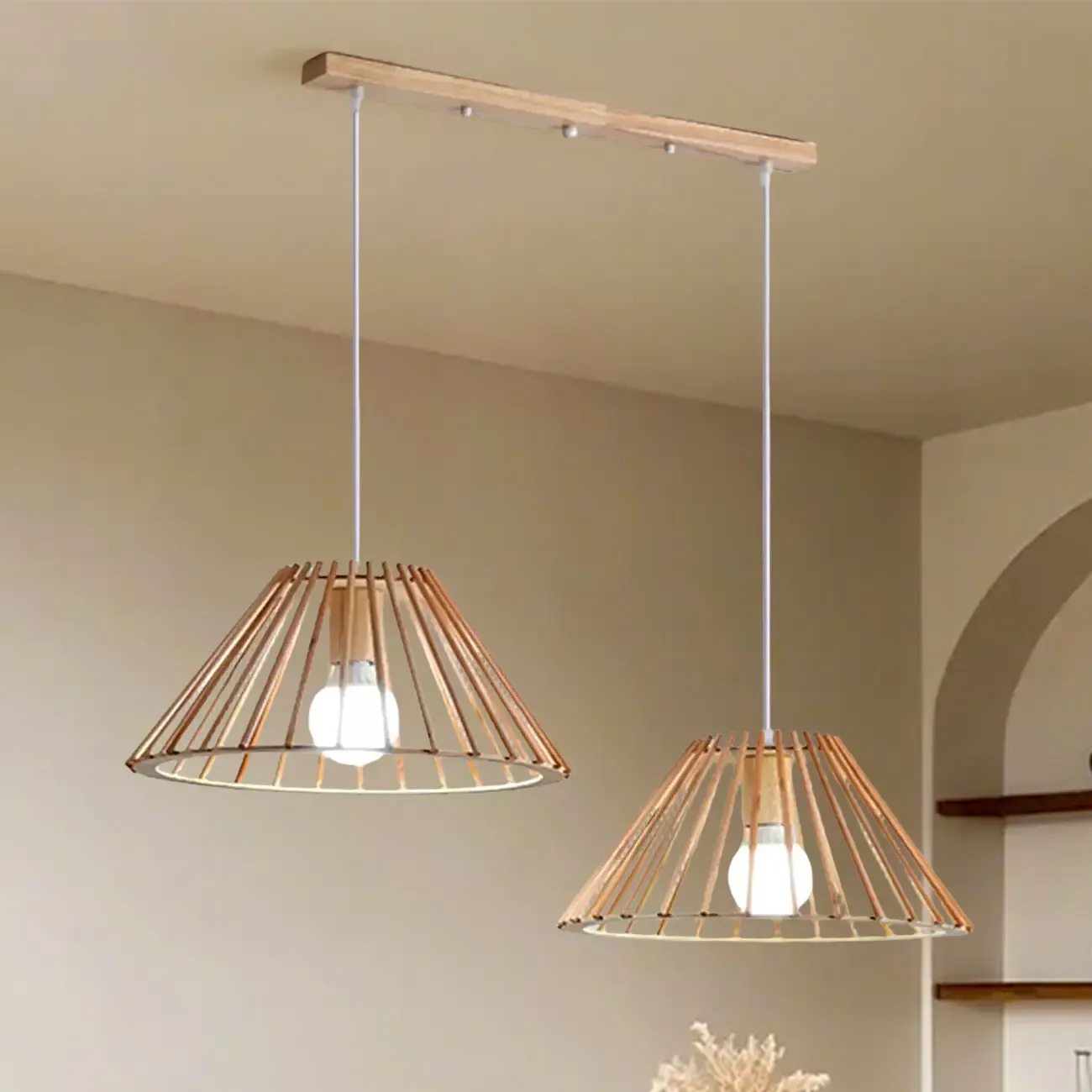 2 Light Natural Wood Polygonal Pendant Light for Kitchen Image - 11