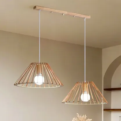 2 Light Natural Wood Polygonal Pendant Light for Kitchen Image - 11